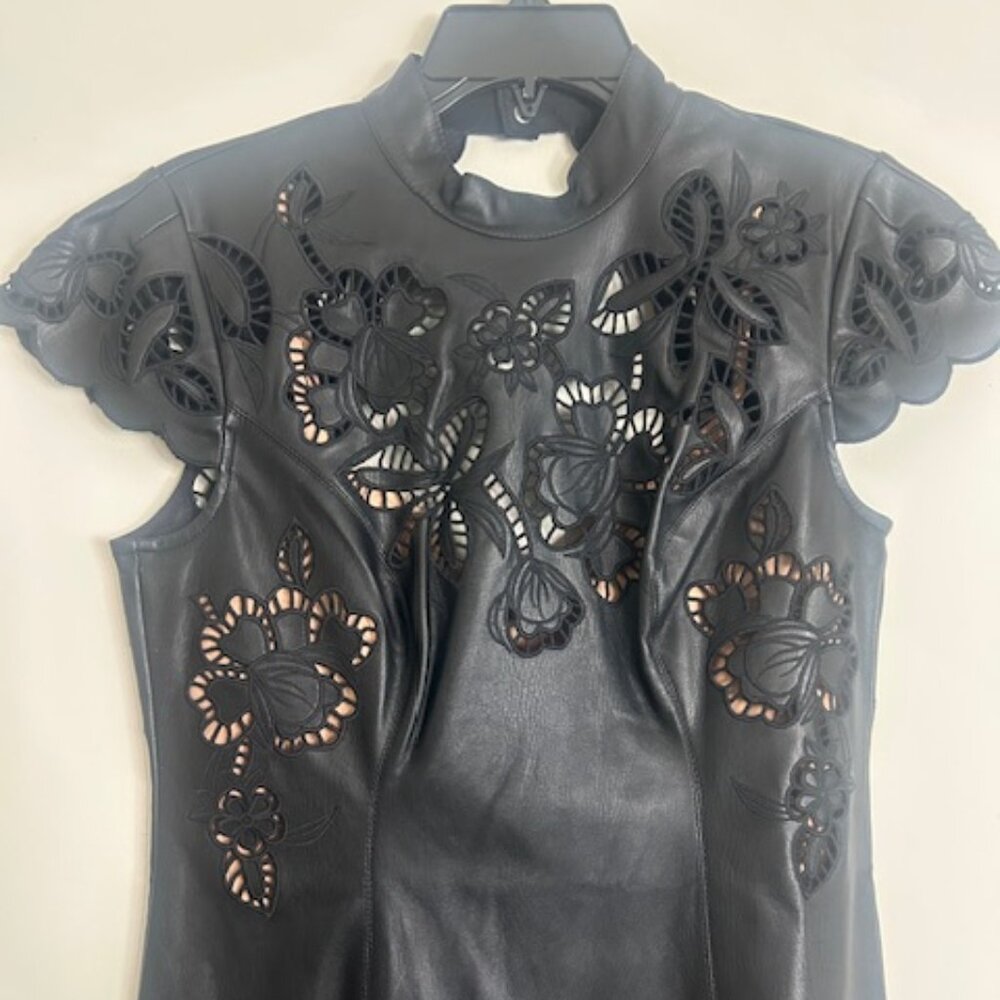Anthropologie Black Vegan Leather Laser Cut Scallop Lined Button Mini Dress NEW